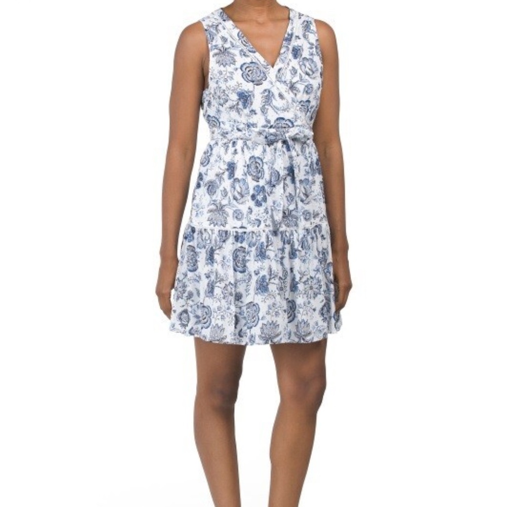 Lucky Brand Faux Wrap Floral Mini Dress Blue White Size 4 Pockets Tie Waist